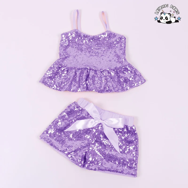 LEZONKIDS - Custom Logo Summer Girls Casual Cotton Suspender Vest Sequins Top Shorts Suit
